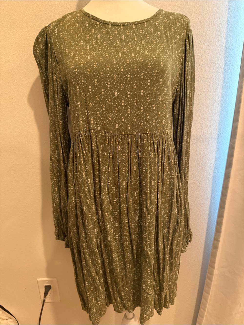 bp Olive Green Long Sleeve Smocked-Waist Floral Dot Dress